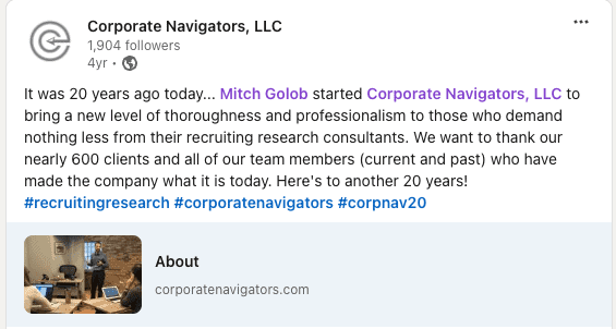 screenshot of a post from linkedin from Mitch Golob commemorating the 20 year anniversary of Corporate Navigators